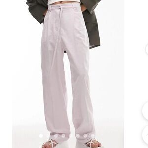 Topshop Women's Light Purple Tapered Belted Trousers Linen Blend